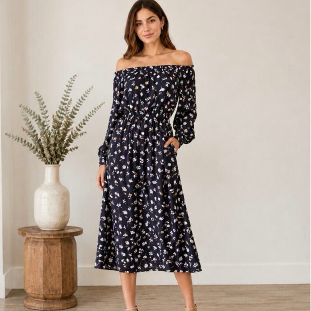 Rebecca Taylor 100% Silk Floral Off Shoulder Midi Dress Navy Romantic Size 2
